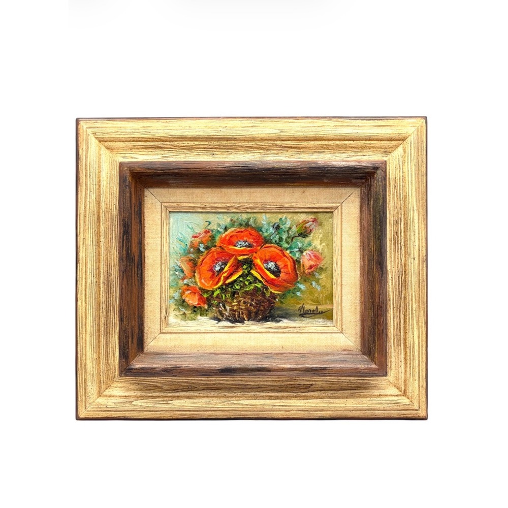 Original Oil Painting Basket O' Poppies Framed Still Life Floral Signed Nora Lee - Picture 1 of 13